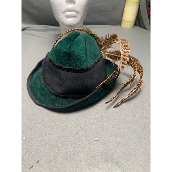 Tyrolean Green Felt Fedora Hat With Feather & Button Accents Size 22 - Picture 10 of 12